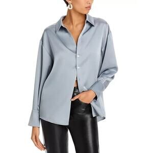 Aqua Blouse Women's Medium Grey Satin Button Front Long Sleeve V Neck Collared